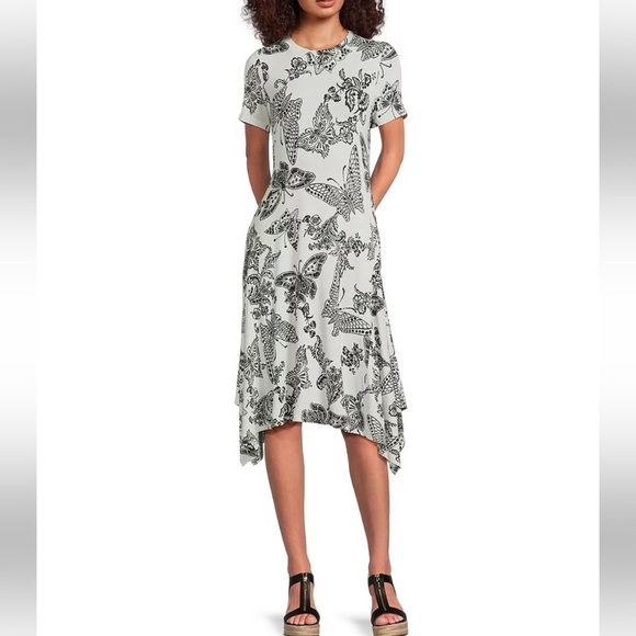 JOHNNY WAS JANIE BUTTERFLY HANDKERCHIEF HEM MIDI DRESS BLACK CREAM SIZE MED NWT - Picture 6 of 13